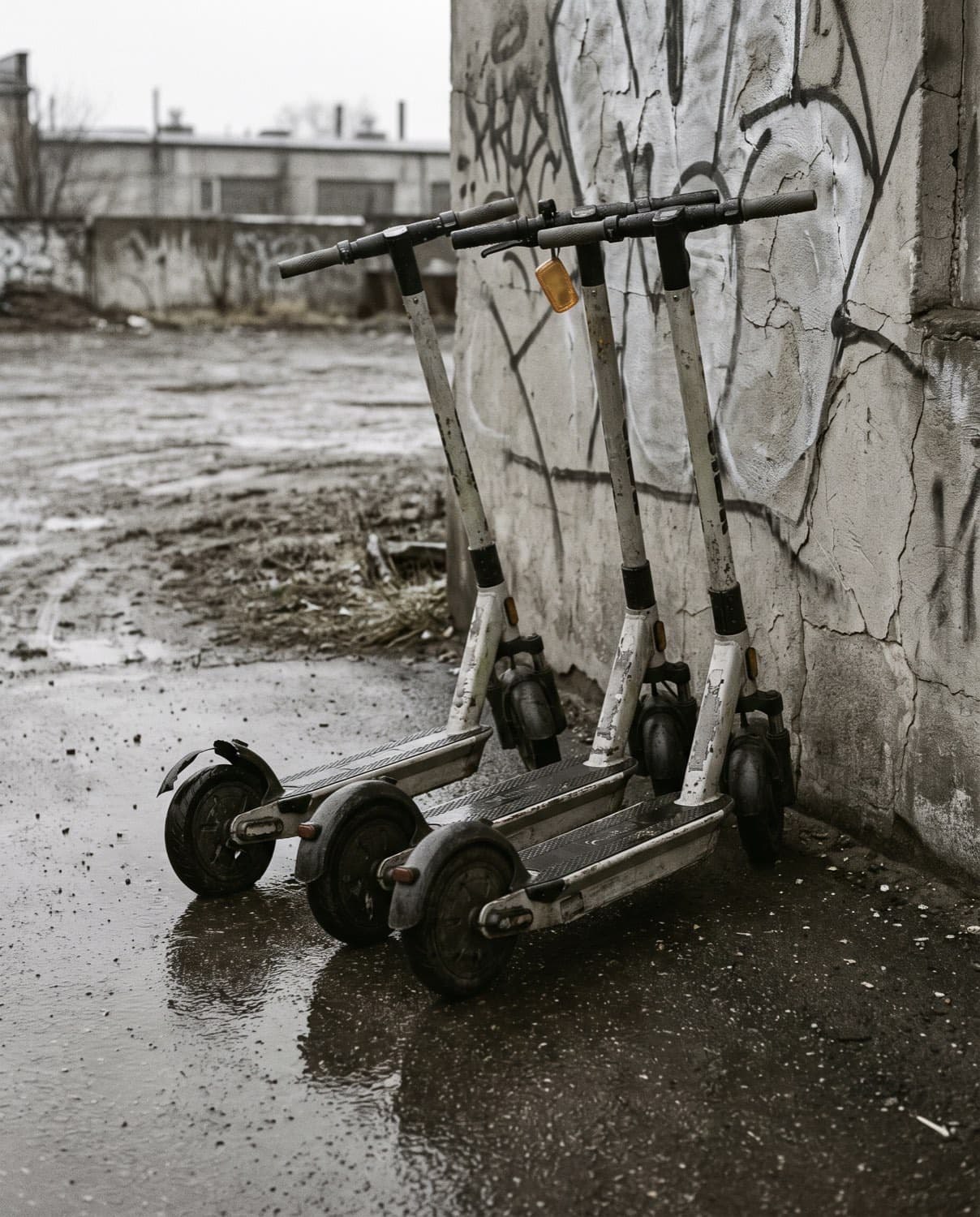 Abgestellte E-Scooter am Straßenrand, Altgeräte für die Verwertung