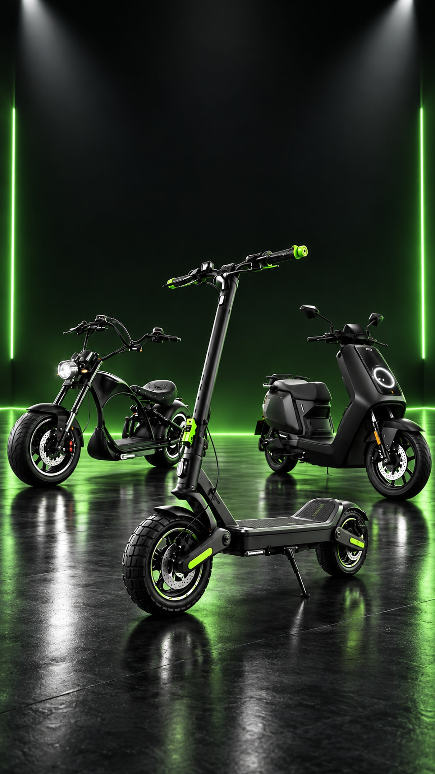 Drei Elektrofahrzeuge nebeneinander in einer dunklen Halle mit grünen Leuchtbändern: ein E-Chopper mit tiefem Sitz, ein E-Scooter und ein E-Roller mit Sitzbank