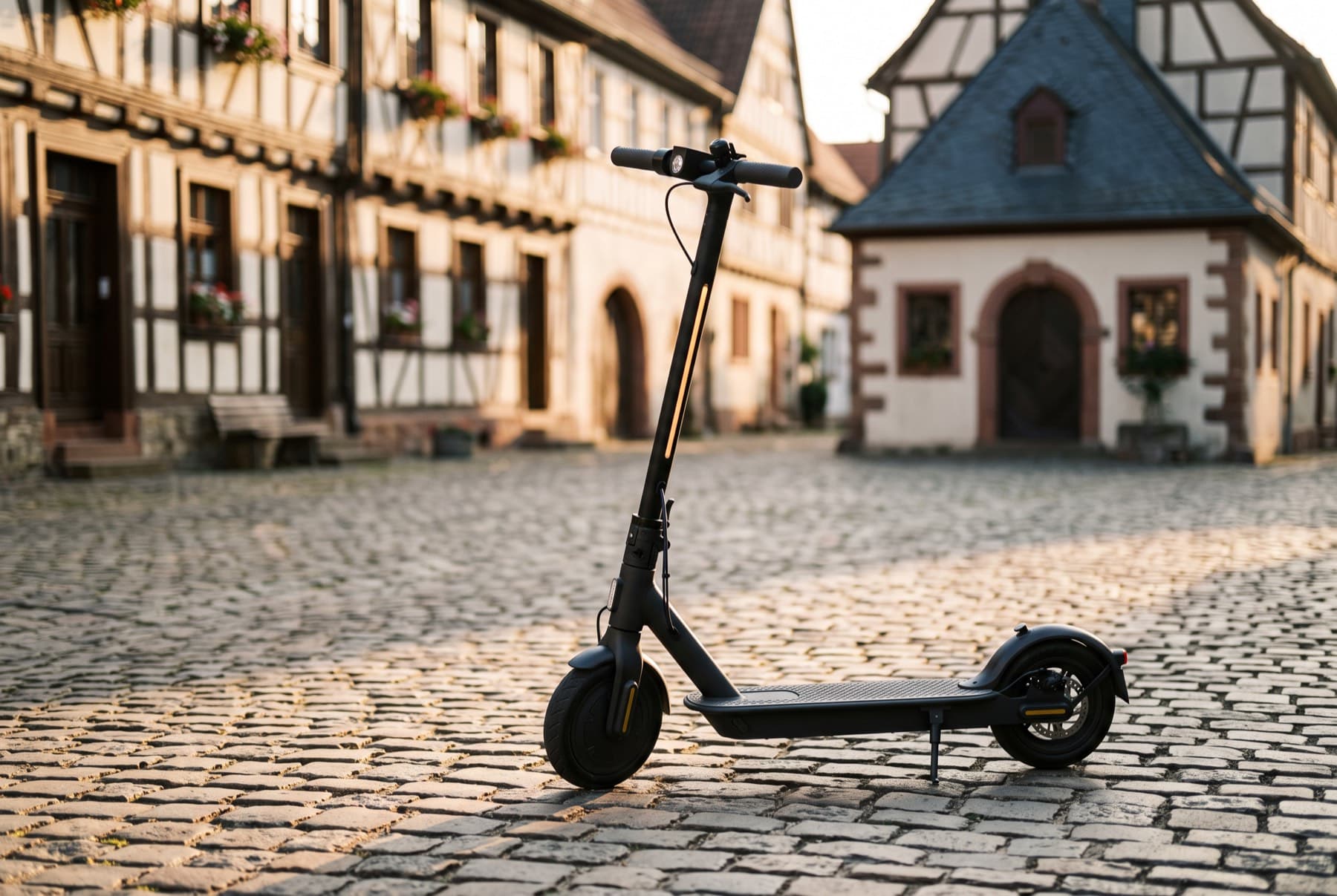 Aufgeklappter E-Scooter auf dem Kopfsteinpflaster eines Marktplatzes, dahinter Fachwerkhäuser im Abendlicht